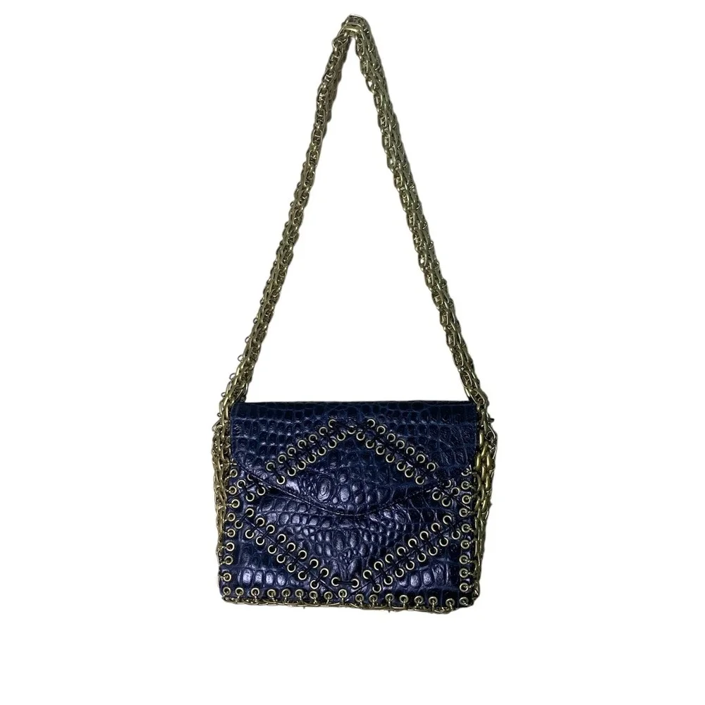 Tory Burch Shoulder Bag Womens Small Navy Croc Embossed Chainmail Gusset Runway